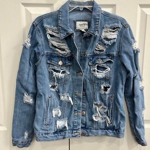 Forever 21 Los Angeles Distressed Denim Blue Jean Jacket